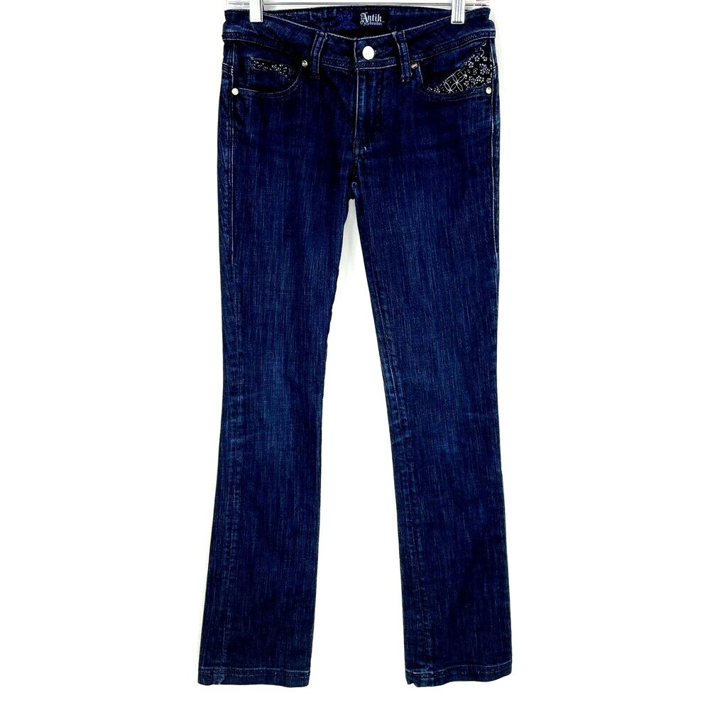 Antik‎ Jeans Denim Size 26 Boho Blue Floral Printed Pockets Dark Wash 5 Pocket